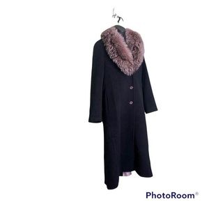 Nicole Miller SZ 8 PINK FOX FUR COLLAR 100% LAMBSWOOL LONG BLK COAT